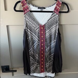 Sanctuary Black and White Tank with Embroidered Pink Accents